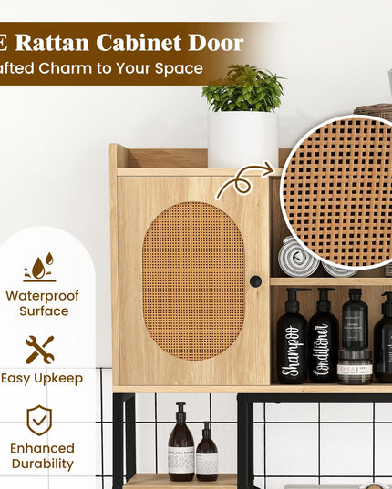 Giantex Over The Toilet Storage Cabinet, Freestanding Storage Organizer Above Toilet with PE Rattan Door and Adjustable Shelf