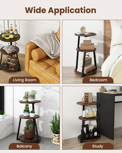 Giantex Round End Table, Industrial Side Table with Sturdy Metal Frame, Coffee Table, 3-Tier Bedside Table for Bedroom, Living Room