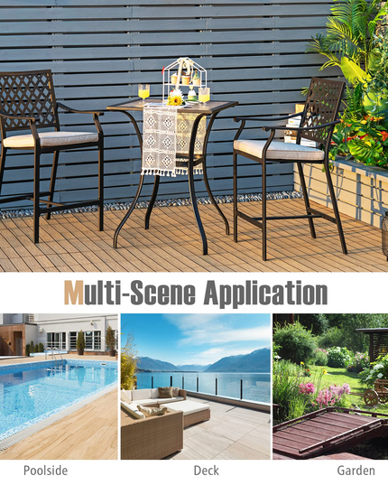 3 Piece Patio Bar Table Set Outdoor Square Bistro Bar Table High Chairs with Cushion Metal Stool