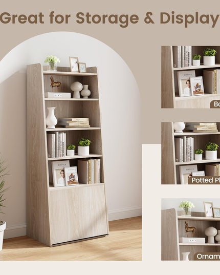 Giantex 6-Tier Bookcase, Freestanding Ladder Bookshelf with 2 Adjustable Shelves & Flip Up Door