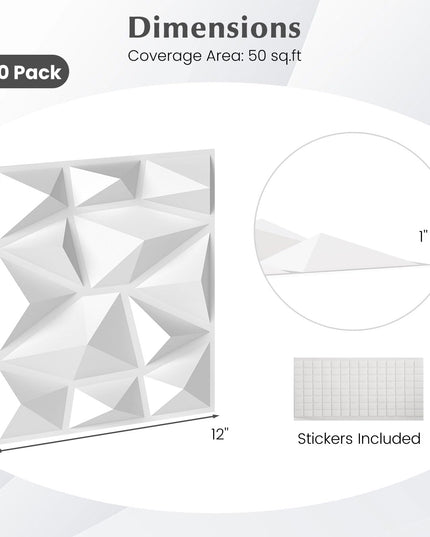 Giantex 12"x12" White PVC Decorative Wall Tiles with Diamond Pattern | 50/100 Pack 3D Wall Panels