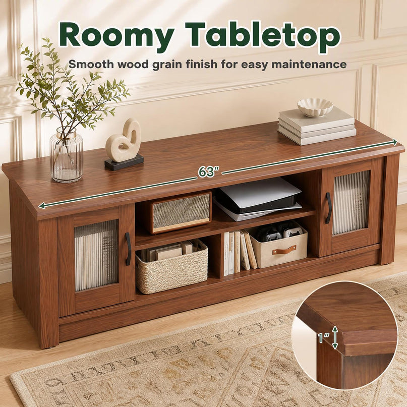 GIANTEX 63" Wooden Farmhouse TV Stand with 2 Fluted Doors