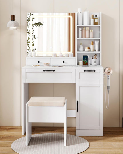 CHARMAID Makeup Vanity Table with Charging Station | White Bedroom Dressing Table with Chair