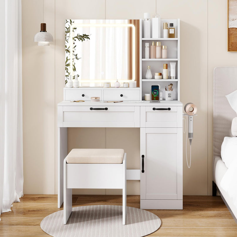 CHARMAID Makeup Vanity Table with Charging Station | White Bedroom Dressing Table with Chair