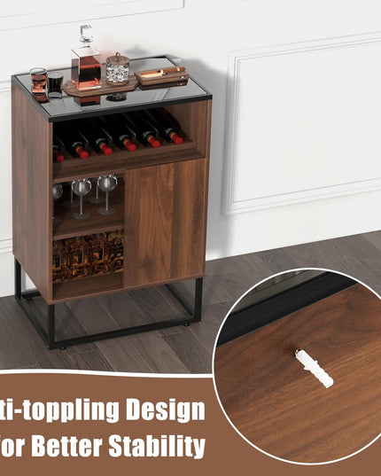Giantex Wine Bar Cabinet, Small Sideboard Buffet Cabinet with Tempered Glass Top, Adjustable Feet & Shelf, Sliding Door