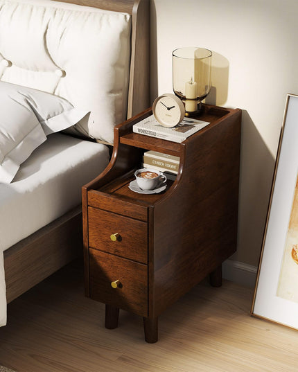 Giantex Narrow Nightstand with 2 Drawers & Pull-Out Tray for Small Spaces