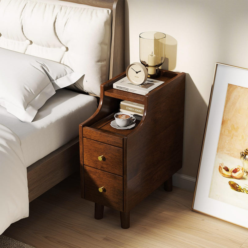 Giantex Narrow Nightstand with 2 Drawers & Pull-Out Tray for Small Spaces