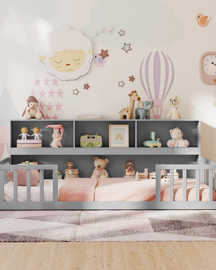 Giantex Twin Floor Bed with Bookcase for Kids