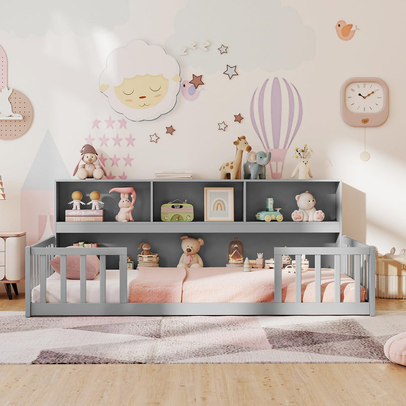 Giantex Twin Floor Bed with Bookcase for Kids