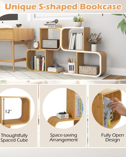 Giantex S-Shaped Bookcase, 2-Tier Bamboo Bookshelf with 2 Open Cubes, Geometric Corner Display Shelf