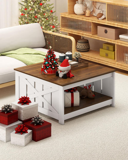 Giantex 31 Inch Farmhouse Square Wood Coffee Table with Storage Shelf  Open Compartment