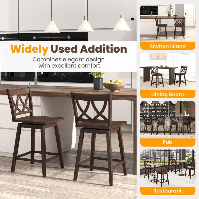 Giantex 24" Bar Stools Set of 2/4, Swivel Wooden Bar Chairs with Rubber Wood Frame, Dark Grey