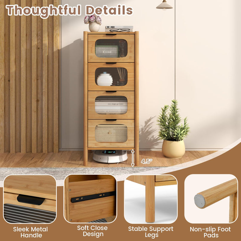 Giantex 4 Drawer Storage Cabinet with Fluted Tempered Glass Drawers
