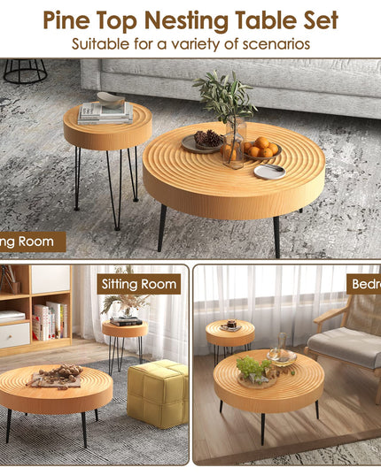 Giantex Round Coffee Table Set of 2 - Sofa Side Nesting Table w/Solid Pine Wood Top