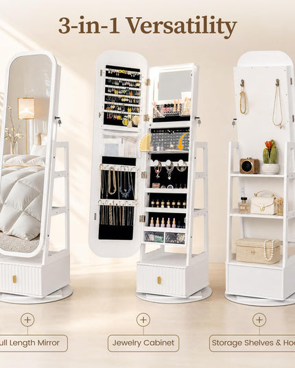 CHARMAID 360° Swivel Jewelry Cabinet with 3-Color LED Vanity Mirror