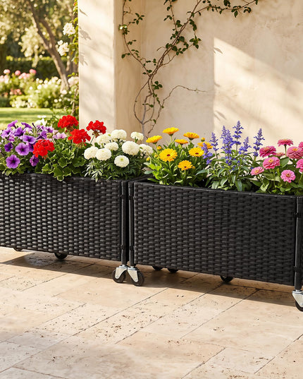GIANTEX Wicker Raised Garden Bed w/Wheels for Vegetable Flower Herb Porch Balcony