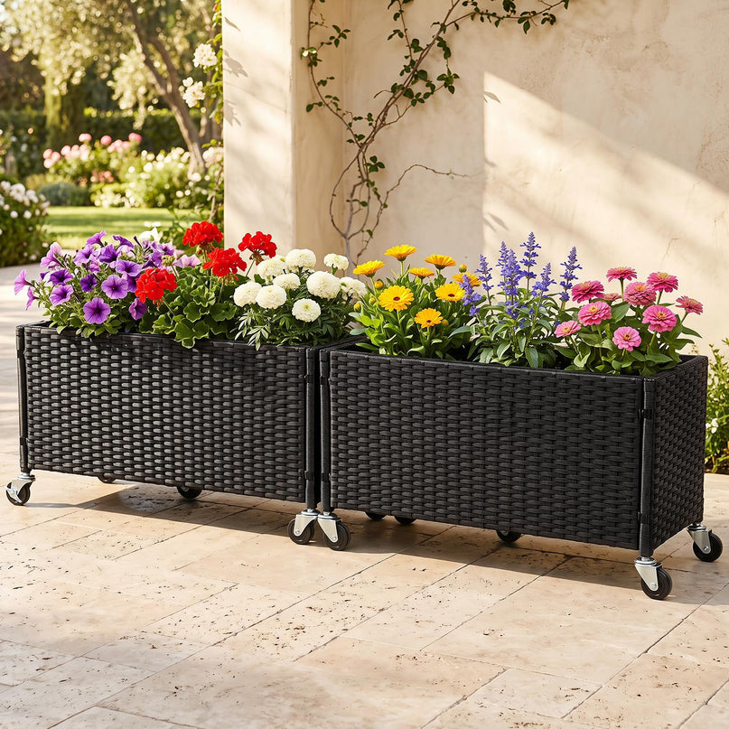 GIANTEX Wicker Raised Garden Bed w/Wheels for Vegetable Flower Herb Porch Balcony