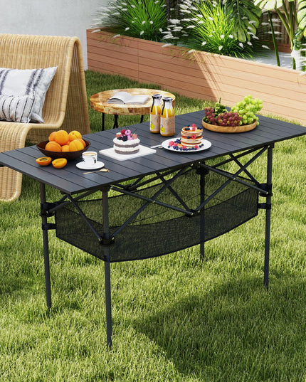 Giantex Folding Camping Table w/Aluminum Roll-up Tabletop & Mesh Basket