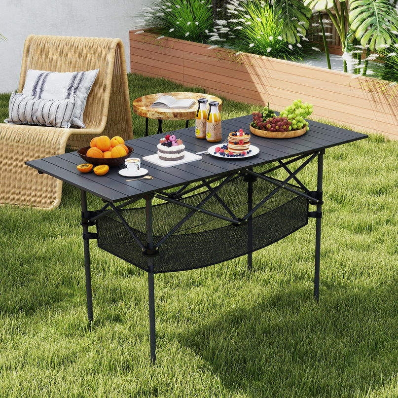 Giantex Folding Camping Table w/Aluminum Roll-up Tabletop & Mesh Basket