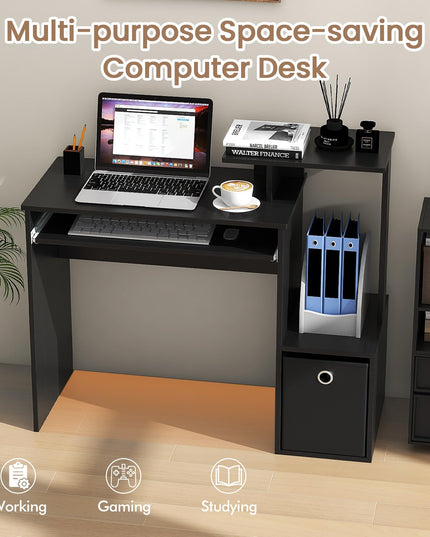Giantex Computer Desk with Keyboard Tray, Compact Home Office Desk with Fabric Drawer & Storage Shelf