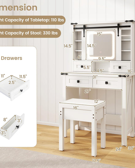 CHARMAID Farmhouse Vanity Desk with Drawers & Shelves, Rustic Vanity Dressing Table with Stool (31" Wide,White)