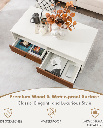 Giantex Rectangular Coffee Table with Storage, 2 Tier Wood Tea Table with 2 Drawers
