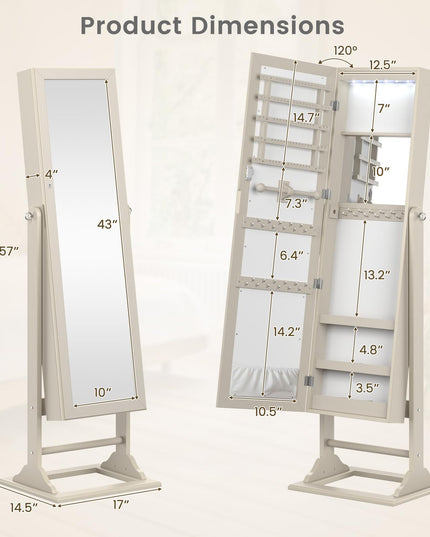 CHARMAID Jewelry Armoire with Full Length Mirror, Lockable Jewelry Cabinet with Large Jewelry Storage, 6 LED Lights, Inner Makeup Mirror