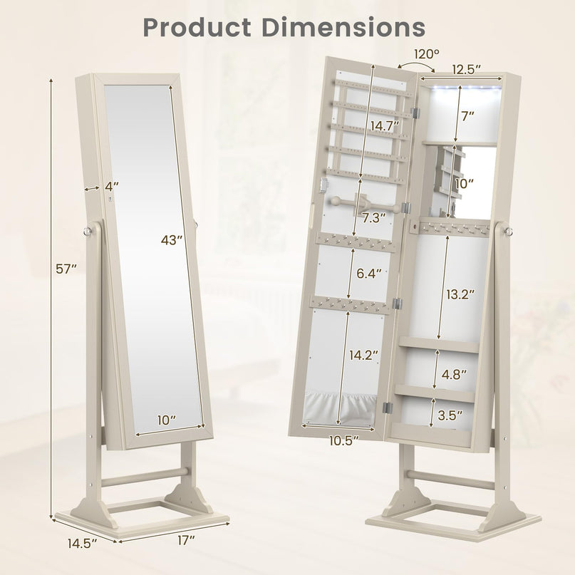 CHARMAID Jewelry Armoire with Full Length Mirror, Lockable Jewelry Cabinet with Large Jewelry Storage, 6 LED Lights, Inner Makeup Mirror