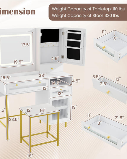 CHARMAID Vanity Desk with Mirror and Lights, White Makeup Vanity Desk with Jewelry Storage