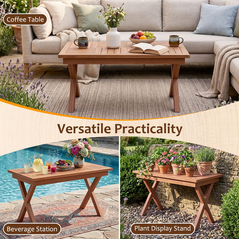 GIANTEX 31.5" Outdoor Teak Wood Coffee Table with Slatted Tabletop
