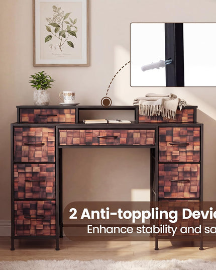 CHARMAID Industrial Vanity Desk with 9 Fabric Drawers & Top Storage Shelf