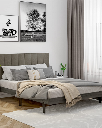 Wooden Slats Support Queen Mattress Foundation with Tufted Headboard, Grey