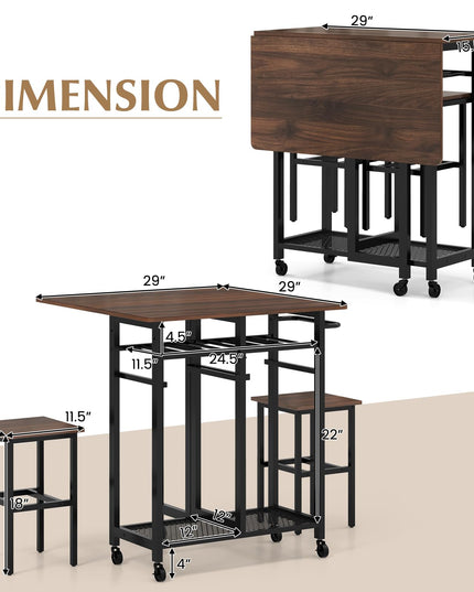 Giantex 3-Piece Foldable Dining Table Set, Extendable Dining Table & 2 Stools Set w/ 6-Bottle Wine Rack