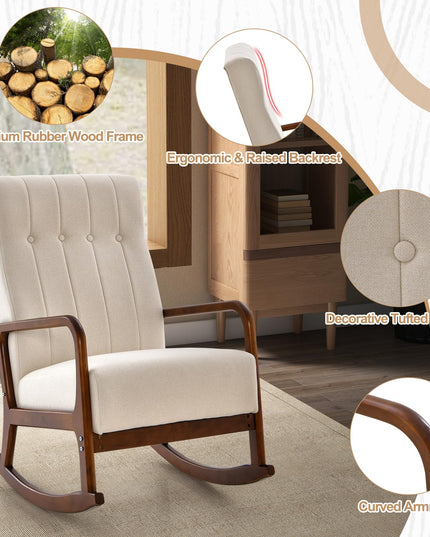 Giantex Rocking Chair with Ottoman, Upholstered Rocker Chair with Solid Rubber Wood Frame