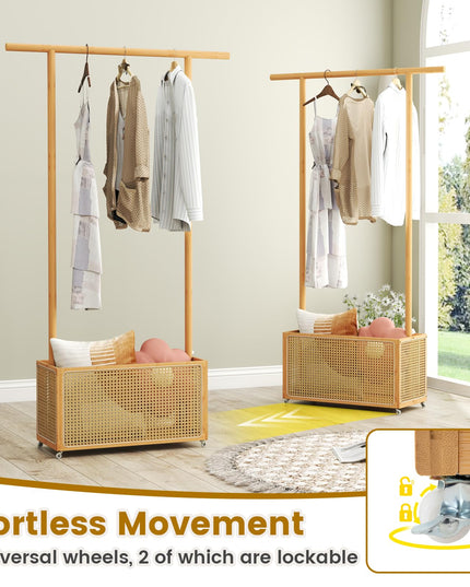 Portant à vêtements roulant en bambou Giantex avec panier de rangement en rotin pour couloir, salon, chambre à coucher