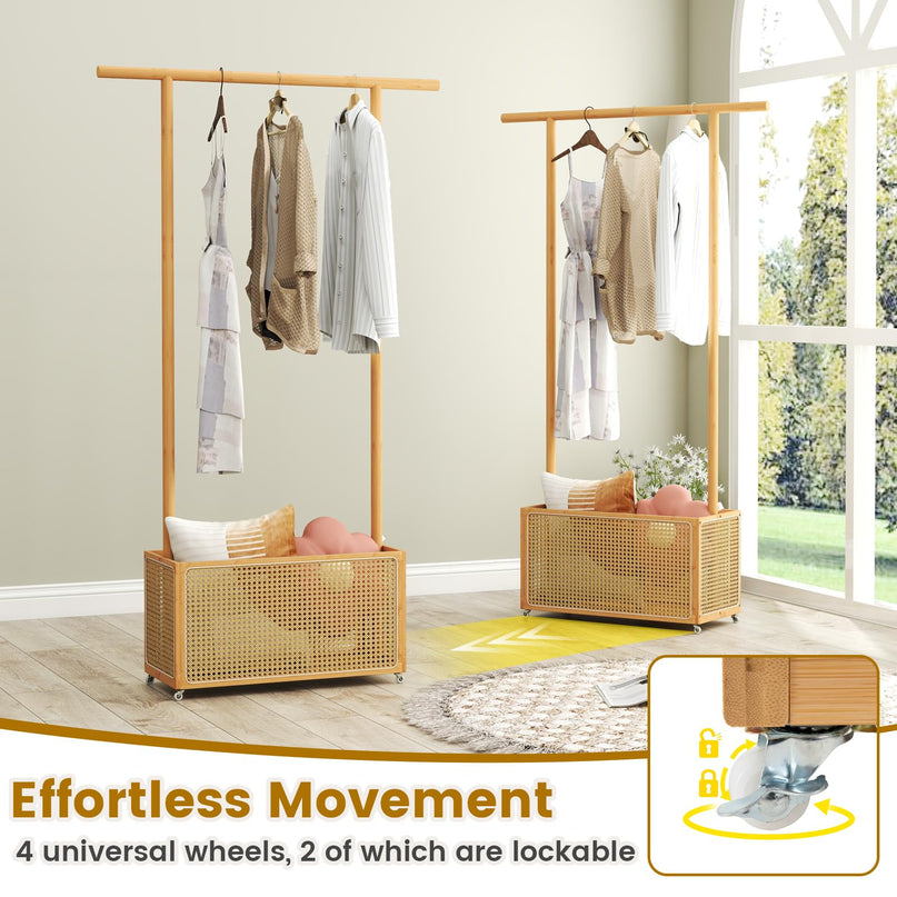 Giantex Bamboo Rolling Garment Rack with Rattan Storage Basket for Hallway Living Room Bedroom