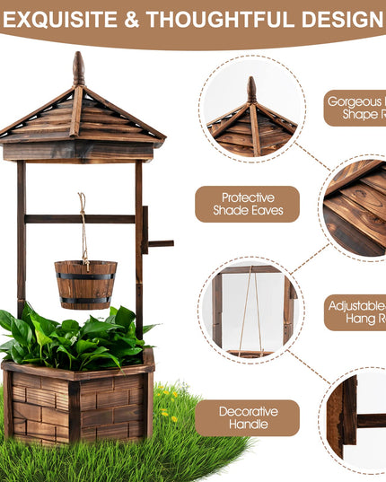 Giantex Rustic Wooden Wishing Well Planter with Hanging Bucket, Roof Shadow