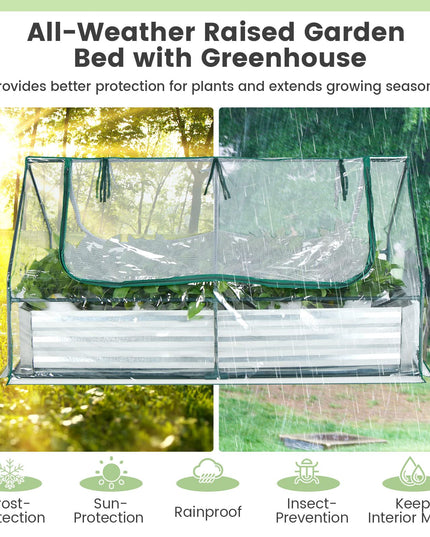 Giantex Galvanized Steel Raised Garden Bed with Mini Greenhouse, Outdoor Metal Planter Box Kit with Large Roll-up PVC Cover