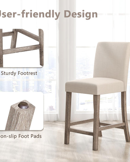 Giantex Bar Stools Counter Height, 24.5" Modern Fabric Bar Chairs with Back, Footrest & Solid Wood Legs