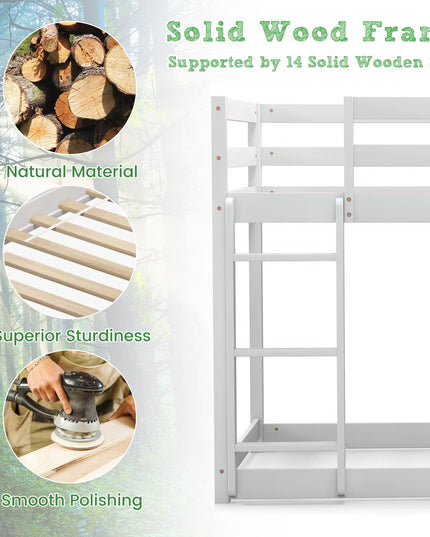 Giantex Twin Over Twin Bunk Bed with Storage Shelves, Solid Wood Bunk Bed Frame with Convertible Bookcase & Ladder, White