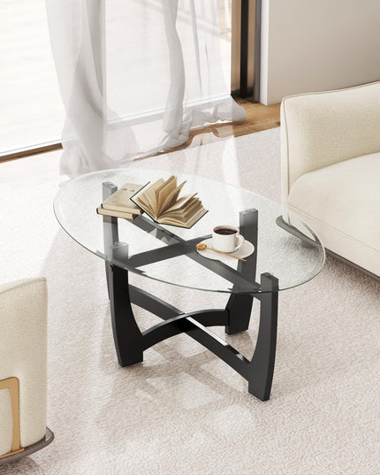 Giantex Glass Coffee Table, 48" Oval Accent Tea Table with Tempered Glass Top & Solid Wood Structure