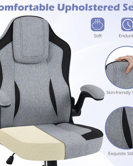 Chaise de bureau ergonomique Giantex | Chaise de bureau en tissu de lin avec accoudoirs relevables à 90°