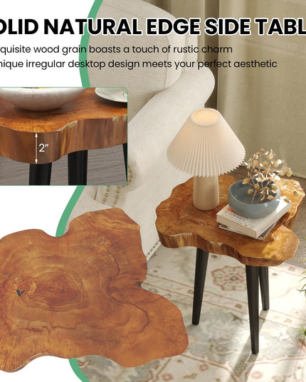 Giantex Teak Wood Outdoor Side Table - 18” End Table with Solid Live Edge, Irregular Tabletop, Mahogany Tapered Legs