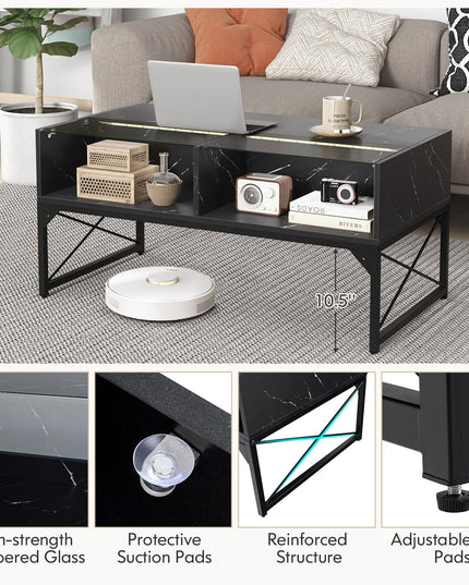 Giantex LED Coffee Table, High Gloss Coffee Tables with 4 Storage Cubes