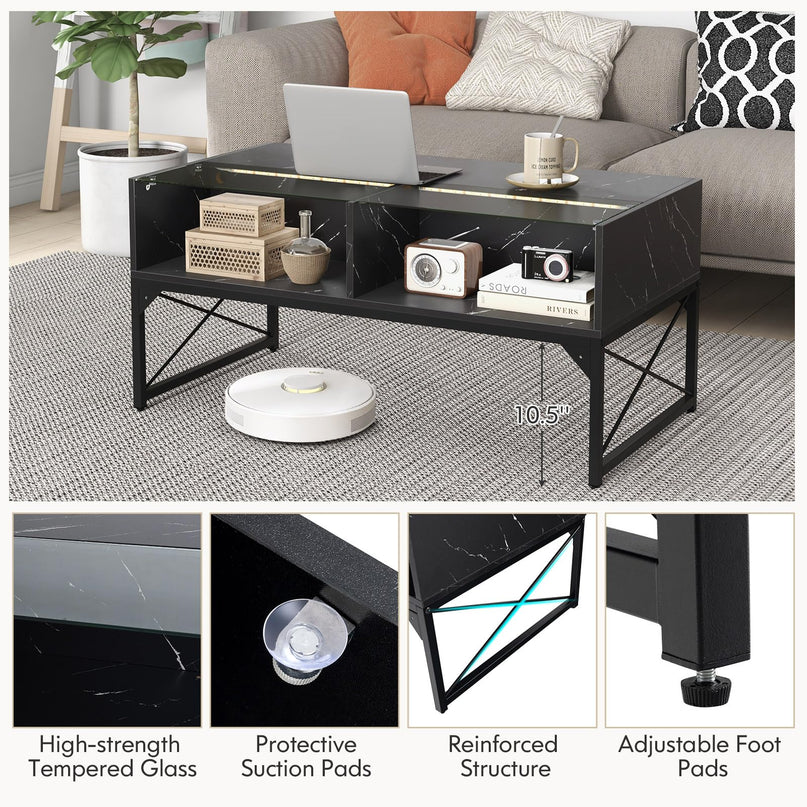 Giantex LED Coffee Table, High Gloss Coffee Tables with 4 Storage Cubes