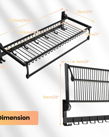 Giantex Foldable Towel Rack for Bathroom, Wall Mounted Towel Holder Organizer w/ 1 Basket, 1 Towel Bar & 5 Sliding Hooks