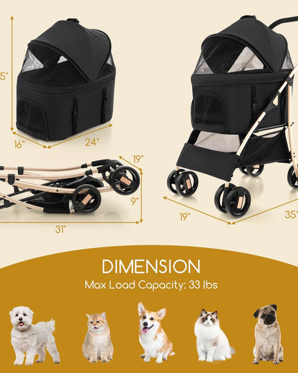 Giantex Pet Stroller 3-in-1, Folding Dog Stroller Detachable Carrier Car Seat (Black & Gold)