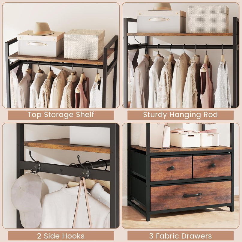 Giantex Clothes Rack with Drawers | Heavy Duty Clothing Garment Rack with Side Hooks and Metal Frame