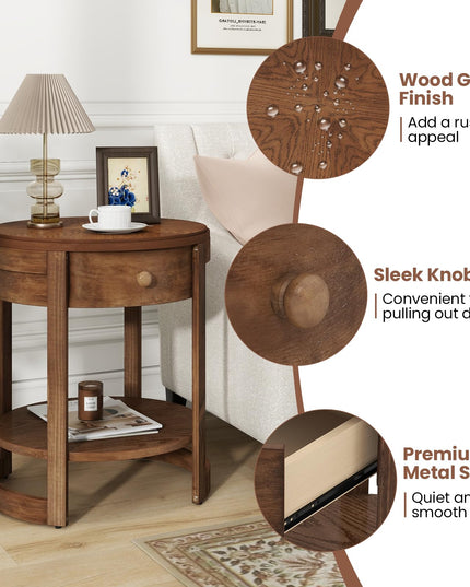 Giantex Round Side Tables Set of 1/2, 2-Tier Retro End Tables with Drawer & Shelf