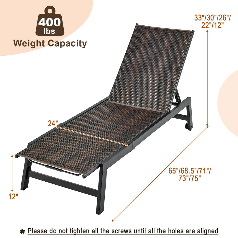 Giantex Patio Chaise Lounge Chair - Outdoor PE Rattan Recliner Chair with Wheels, 5-Position Adjustable Backrest